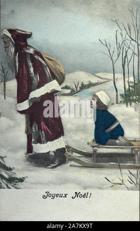 Vieux Français Carte postale du Père Noël et du jeune enfant Banque D'Images