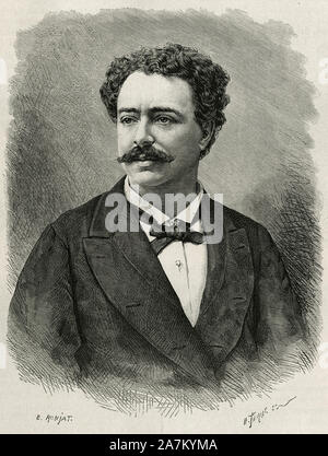 Portrait de l'auteur et voyageur Edmondo De Amicis (1846-1908), Ecrivain italien, gravure de F.Ronjat, pour illustrer le recit le Maroc par Mantegna Banque D'Images