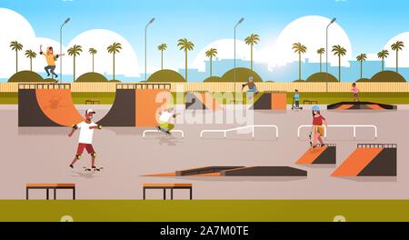 Les patineurs dans les astuces skate board parc avec diverses rampes pour la planche à roulettes mix race adolescents having fun riding skateboards cityscape background télévision illustration vectorielle horizontale pleine longueur Illustration de Vecteur