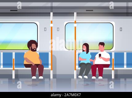 Les personnes obèses graisse à l'intérieur du train métro métro mix surpoids race les passagers assis dans les transports publics concept obésité télévision horizontale vector illustration pleine longueur Illustration de Vecteur