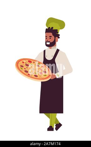 Chef cuisinier professionnel masculin holding tray with fresh pizza african american man restaurant agent en uniforme la cuisson la notion télévision verticale pleine longueur vector illustration Illustration de Vecteur