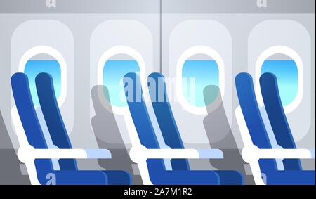 Les sièges passagers avion de ligne avec hublots vide pas de gens de l'intérieur du conseil d'avion plate horizontale vector illustration Illustration de Vecteur