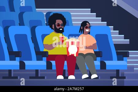 Couple de graisse dans les lunettes 3D regarder assis dans le cinéma avec pop-corn et cola surpoids african american man woman having date et rire à nouveau télévision comédie d'illustration vectorielle horizontale pleine longueur Illustration de Vecteur