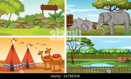 Quatre scènes avec les animaux sauvages dans les parcs illustration Illustration de Vecteur