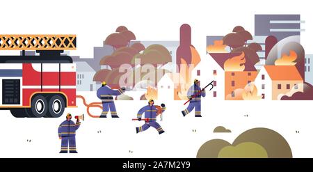 Près de pompiers camion de pompiers s'apprête à éteindre le feu les pompiers en uniforme et un casque de pompier de service d'urgence concept maisons en feu cityscape background illustration vecteur horizontal Illustration de Vecteur