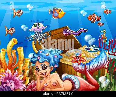 Scène sous-marine avec belle sirène illustration Illustration de Vecteur