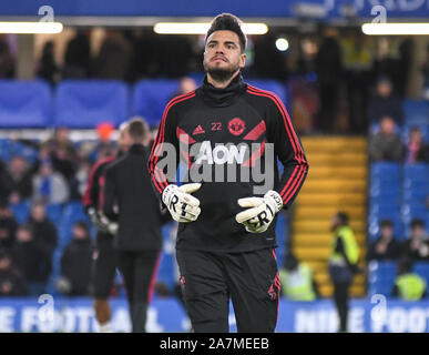 Londres, Angleterre - le 18 février 2019 : Sergio Romero de Manchester en photo avant de la FA Cup 2018/19 5e tour match entre Chelsea et Manchester United à Stamford Bridge. Banque D'Images