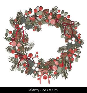 Belle décoration de Noël guirlande de branches de pins, petits fruits, Ilex, cèdre et des pommes de pin sur fond blanc. Vector illustration Illustration de Vecteur