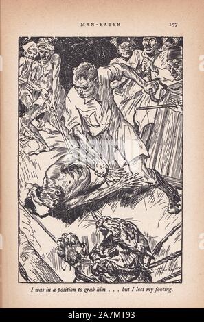 1930 Ex-libris illustré du livre 'incroyable' Hairbreadth 50 s'échappe des garçons lecture livre - 'Man-eater' par Frank Buck et Edward Anthony. Banque D'Images