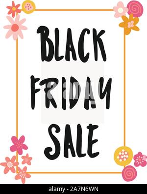 Le vendredi noir Vente mini bannière vecteur. Typographie manuscrite avec des fleurs pour les dépliants promotionnels, cartes. Enfants mignon texte vente Illustration de Vecteur
