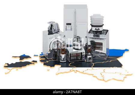 Cuisine et électroménager sur la carte de l'Estonie. La production, achats et concept de la prestation. Le rendu 3D isolé sur fond blanc Banque D'Images