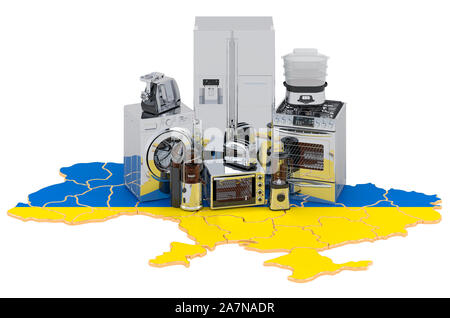 Cuisine et électroménager sur le plan de l'Ukraine. La production, achats et concept de la prestation. Le rendu 3D isolé sur fond blanc Banque D'Images