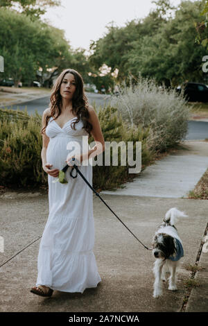 Femme enceinte robe blanche promener son chien Banque D'Images
