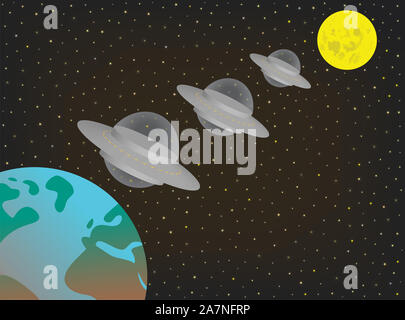 Trois vaisseaux spatiaux extraterrestres exotiques OVNI volant dans une ligne au-dessus et entre la terre et la lune. Les soucoupes volantes ovni planant dans le ciel nocturne. Banque D'Images