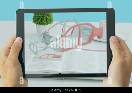 La main de l'homme essaie d'utiliser la technologie de la réalité virtuelle augmentée concept mixte Banque D'Images