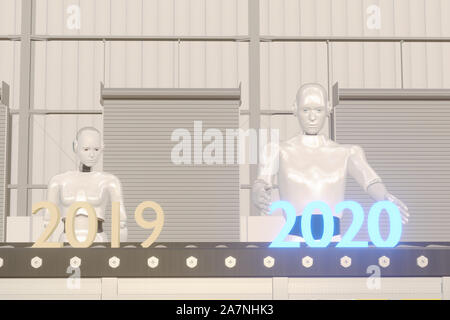 Le rendu 3D de l'année 2020 l'intelligence artificielle ou l'as concept futuriste, assistant robot essayez de mettre nombre de nouvelle année 2020 à venir sur la ligne d'opération, Banque D'Images