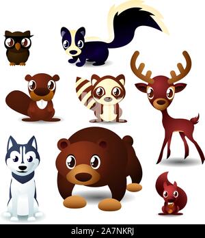 Les animaux de la série de dessin animé.Huit (8) différents animaux de la forêt comme : owl, écureuil, le castor, le renne, le caribou, la moufette, ours, cerfs, husky de Sibérie vector Illustration de Vecteur