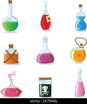 Potion Magique Ensemble de tubes et contenants bouteilles magique Illustration de Vecteur