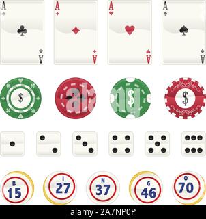 L'icône de Casino, jeu de cartes avec les As, des jetons de poker, dés et jetons. Vector illustration cartoon. Illustration de Vecteur