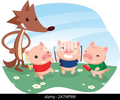 Trois petits cochons fable avec cartoon Wolf. Illustration de Vecteur