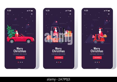 La conduite du père noël location de chariot élévateur et scooter set joyeux noël bonne année fêtes copie espace horizontal concept vector illustration Illustration de Vecteur