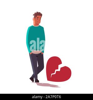 Homme triste coeur brisé dans la dépression crise de la vie briser concept divorce guy debout près de cœur brisé télévision vector illustration pleine longueur Illustration de Vecteur