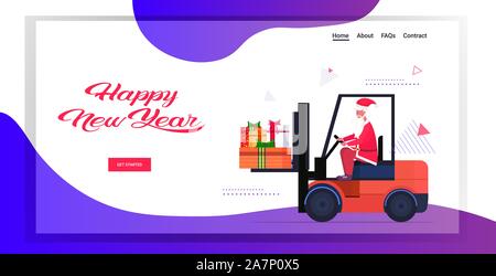 La conduite du père noël chargement chariot élévateur cadeaux colorés boîtes présente joyeux noël bonne année fêtes copie espace horizontal concept vector illustration Illustration de Vecteur