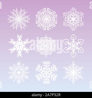 Flocons de noël ensemble avec beau complexe et filigrane hand drawn snow stars pour ornements de vacances, salut imprime et cartes de vœux Illustration de Vecteur