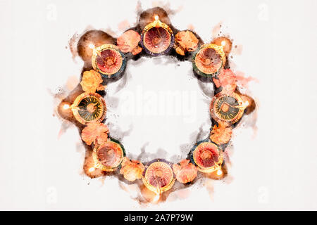 Peinture Aquarelle Happy Diwali - lampes Diya argile allumé pendant Dipavali, fête hindoue des lumières célébration. Lampe à huile traditionnels colorés diya sur bl Banque D'Images