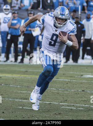 Oakland, États-Unis. 06Th Nov, 2019. Detroit Lions quarterback Matthew Stafford (9) brouille contre les Raiders d'Oakland au quatrième trimestre au Colisée à Oakland, Californie le dimanche, Novembre 3, 2019. Les raiders battu les Lions 31-24. Photo par Terry Schmitt/UPI UPI : Crédit/Alamy Live News Banque D'Images