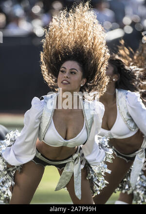 Oakland, États-Unis. 06Th Nov, 2019. Raideretts effectuer pendant un délai que l'Oakland Raiders prendre sur le Detroit Lions au Colisée à Oakland, Californie le dimanche, Novembre 3, 2019. Les raiders battu les Lions 31-24. Photo par Terry Schmitt/UPI UPI : Crédit/Alamy Live News Banque D'Images