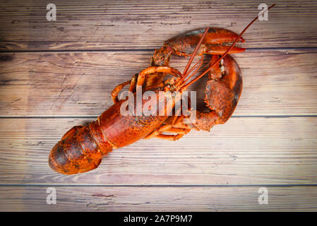 Vue de dessus de l'ensemble des crustacés homard rouge frais dans le restaurant de fruits de mer homard à la vapeur / prêt à être cuit la nourriture sur la table en bois , selective focus Banque D'Images