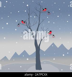 Arbre d'hiver avec peu de petits fruits et d'oiseaux rouge sur un fond de montagnes à froid et sombre ciel enneigé. Nature de la saison. Snowy paysage naturel. Vec Illustration de Vecteur