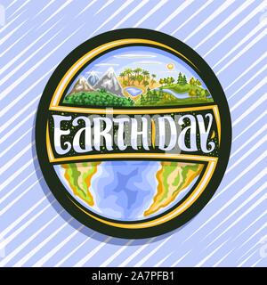 Logo vector pour le jour de la Terre, sombre icône ronde avec 3 collines de terre des montagnes, oasis, avec lac, forêt, rivière avec pinceau original de caractères mots terre Illustration de Vecteur