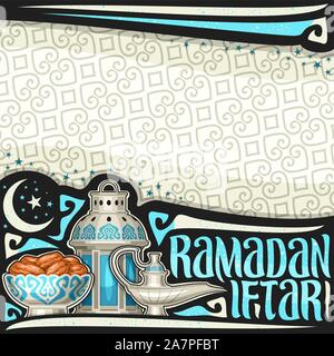 Vector affiche pour le Ramadan l'Iftar avec copie espace, mise en page à l'ancienne lanterne, bol en argent avec dates séchées sweet, Aladin lampe à huile, pinceau calligraphie font Illustration de Vecteur