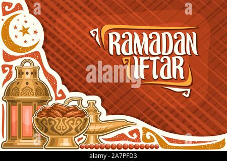 Carte de vœux pour le Ramadan vecteur l'Iftar avec copie espace, avec l'affiche de la vieille lanterne, Aladdin lampe à huile, bol avec de doux séché à l'horaire pour le mois saint du ramad Illustration de Vecteur