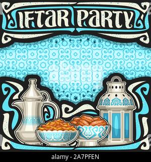 Vector affiche pour l'Iftar Party with copy space, vieille lanterne, cuves métalliques et les fruits doux, thé oriental électrique, headline avec pinceau de calligraphie Illustration de Vecteur