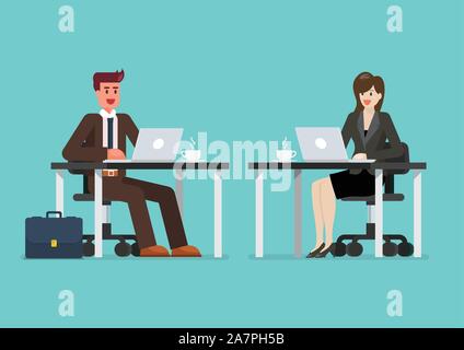 Business man and woman working on a laptop computer at office 24. Vector illustration Illustration de Vecteur