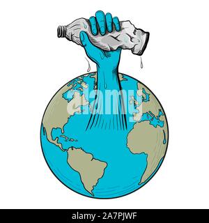 La pollution des océans Concept avec bouteille d'eau en plastique et de la Terre. Hand Drawn Vector Illustration Illustration de Vecteur