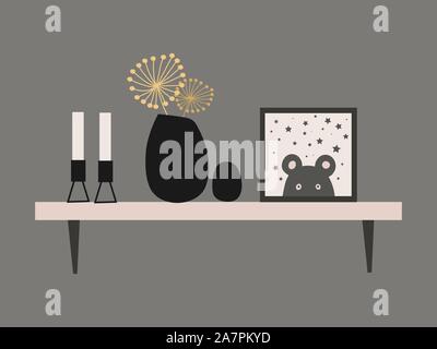 Étagère murale pour un salon de style scandinave intérieur avec vase de fleurs séchées, des bougies et des peintures. Télévision vecteur illustration. Illustration de Vecteur