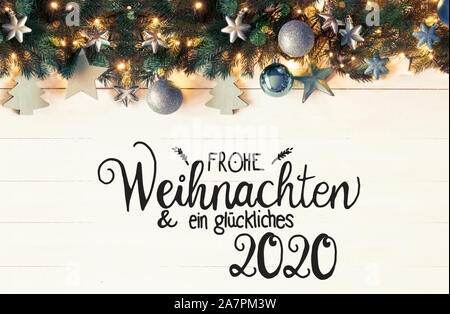 Bannière de Noël Turquoise rétro, Glueckliches 2020 Calligraphie signifie joyeux 2020 Banque D'Images