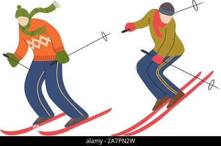 Ensemble de skieur isolé sur fond blanc. Ski homme. Athlète, à la descente. Vector Illustration de Vecteur