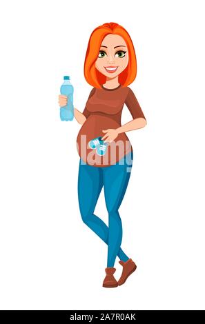 Belle femme enceinte est titulaire d'une bouteille d'eau et de chaussons pour bébé. Cheerful pregnant lady personnage. Vector illustration isolé sur blanc bac Illustration de Vecteur