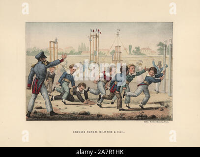 Les garçons en cours d'exécution et de l'escalade sur une course d'obstacles à un événement sportif, 19e siècle. Lithographie coloriée heliotype par Fortier-Marotte de Henry René d'Allemagne's Sports et jeux d'adresse (Sports et jeux d'adresse), Librairie Hachette, Paris, 1903. Banque D'Images