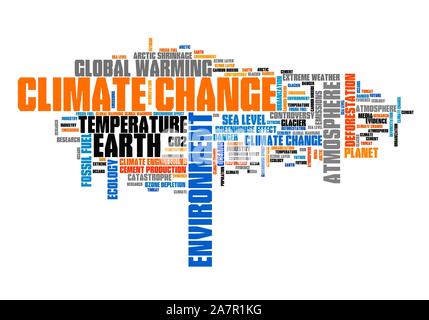 Le changement climatique nuage de mots. L'environnement et les questions de réchauffement. Banque D'Images