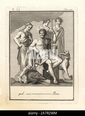 L'inscription de la chasse au sanglier Calydonian par Meleager et Atalanta. Les hommes avec des lances et un chien de chasse plus les morts du sanglier. La gravure sur cuivre par Tommaso Piroli de ses antiquités de Herculanum (Antichita di Ercolano), Rome, 1789. Banque D'Images