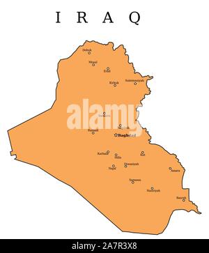 Carte avec les villes de l'Irak : Bagdad, Mossoul, Bassorah, Arbil, Amara et d'autres. Illustration de Vecteur