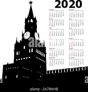 Calendrier élégant avec Moscou, Russie, avec l'horloge de la tour Spasskaya du Kremlin pour 2020. Illustration de Vecteur