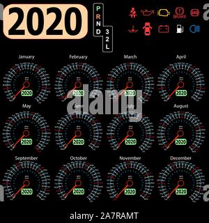 L'année 2020 du calendrier de l'indicateur de tableau de bord de voiture. Illustration de Vecteur