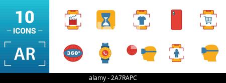 Ar et Vr icon set. Éléments de création : réalité augmentée, 360 avis, la reconnaissance du visage, les lunettes de réalité augmentée, des icônes. Peut être utilisé Illustration de Vecteur